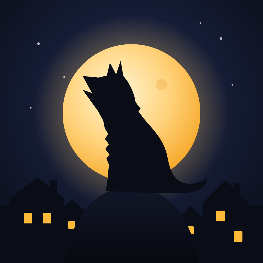 A wolf howling at a full moon above a village at night